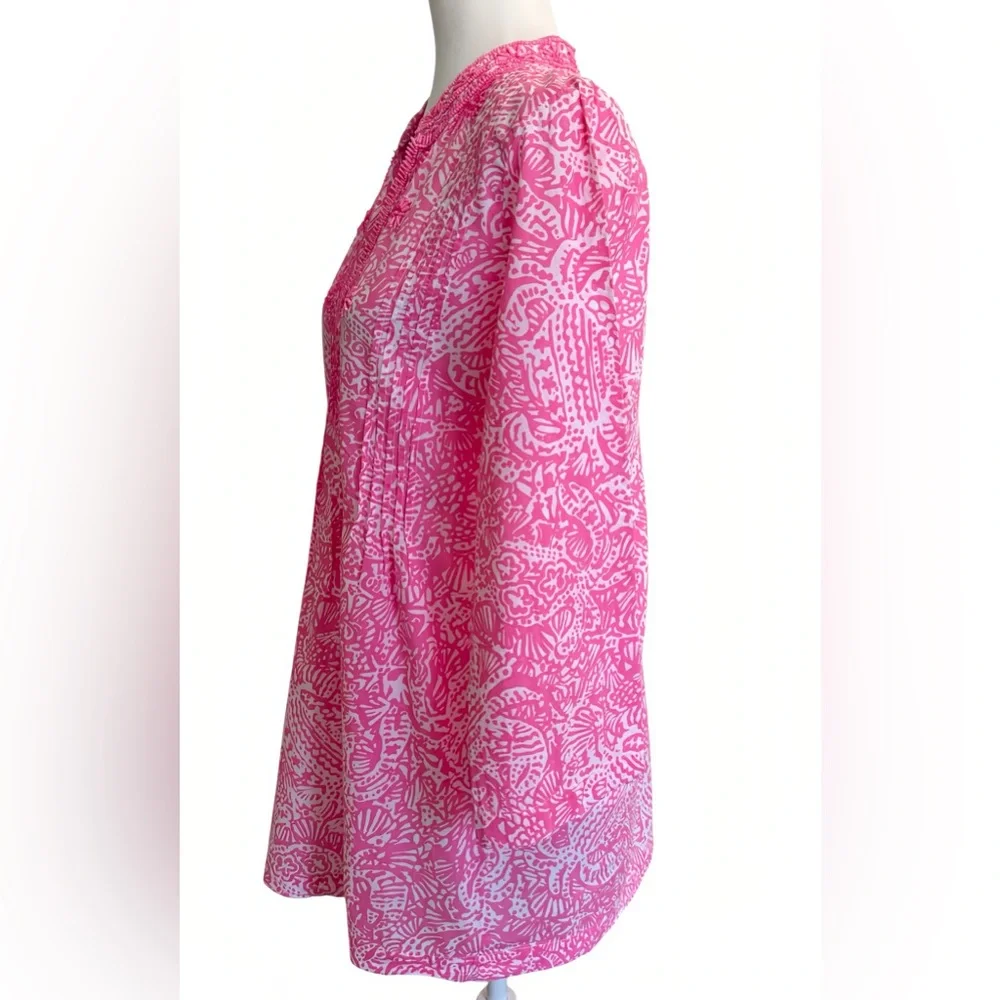 Lilly Pulitzer Sarasota Beaded Tunic Top Sz M Pink White Shell Print 3/4 Sleeve - Picture 5 of 12